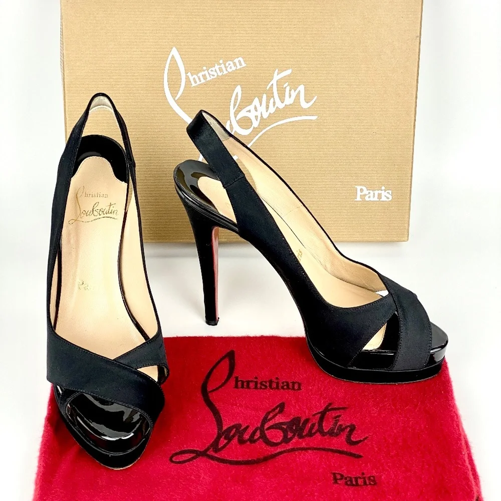 Christian Louboutin Platform Heels Very Croise Size 38.5 Black Satin Peep Toe 8 - Picture 2 of 7